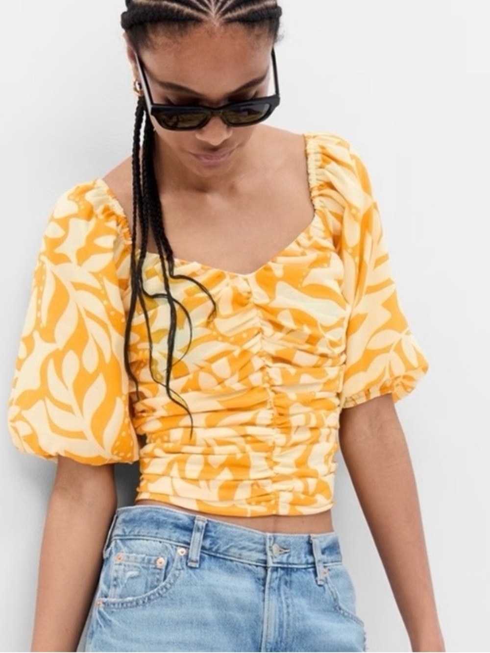 GAP Yellow Floral Ruched Puff-Sleeve Crop Top